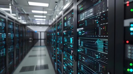 Futuristic Digital Data Center Network Diagram with Servers Racks and Modern IT Infrastructure