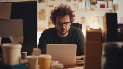 Stressed developer sitting at cluttered desk, focused on laptop amidst coffee cups and papers. chaotic environment reflects pressure of work and creativity