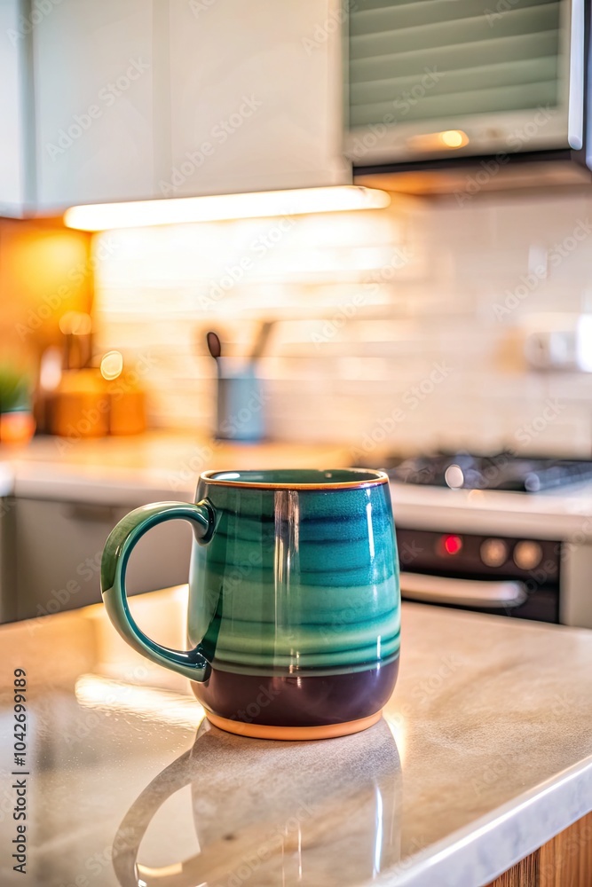 Wall mural Green ceramic mug on a kitchen counter.