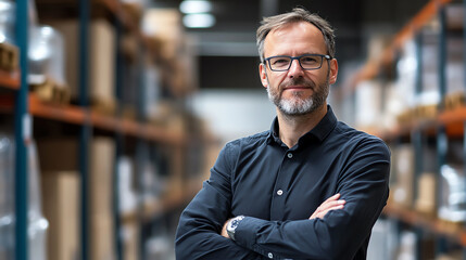 Obraz premium A logistics planner, arms crossed, managing the efficient dispatch of goods from a distribution center.