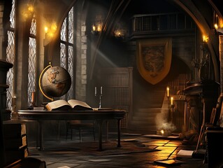 Explore the Depths of Knowledge: A Captivating Study Room Poster Featuring an Oversized Globe, Ornate Lectern, and Intricate Tapestries, All Bathed in Candlelight Ambiance