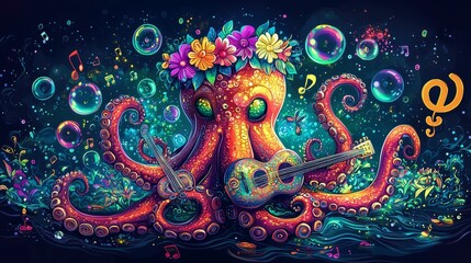 Obraz premium Colorful Psychedelic Cartoon Octopus with Instruments