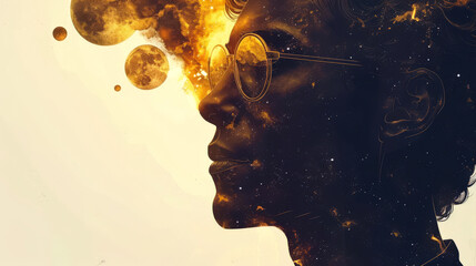 A meditative concept. Full moon. Astrology and cosmonautics. A futuristic future. A man with glasses is depicted in the starry sky. A wormhole. A black hole. The data specialist