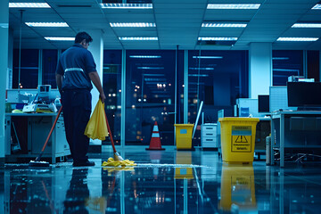 Dedicated Janitor Performing Night-Time Cleaning Duties In A Corporate Office Space