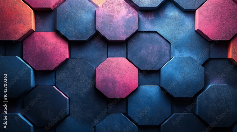 Poster vibrant hexagonal and octagonal panels form a striking abstract background in shades of blue, purple