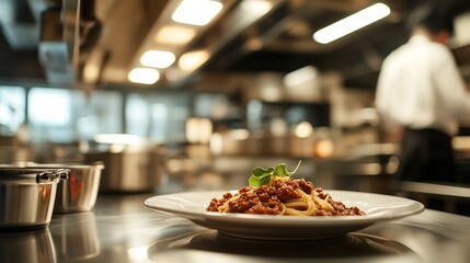 Pasta Bolognese Spaghetti restaurant Italian Close up modern kitchen countertop silver table, noodles, herbs, tomato, minced meat