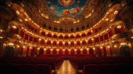 Obraz premium A grand theater interior with ornate decorations and warm lighting.
