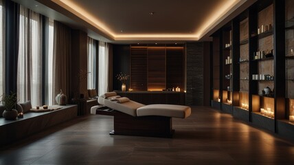 Modern spa room with a massage table, a bathtub, and shelves with various spa products.