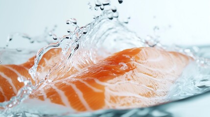 Fototapeta premium Close up shot fresh uncooked salmon slices clear water splash, freshness food photography