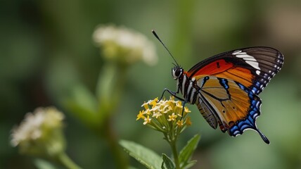 Fototapeta premium A colorful butterfly with black, orange, red, white, and blue wings is perched on a yellow flower. The butterfly's wings are spread out