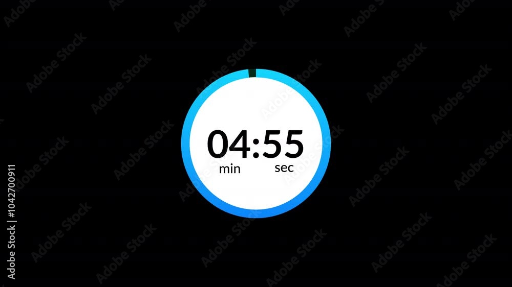 Wall mural five minutes countdown timer animation, 5 minutes countdown on black background, 5 minutes circle ti