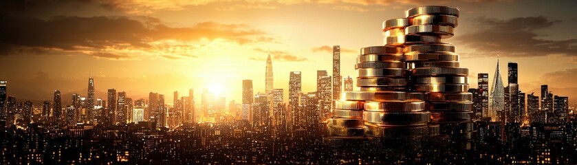 Fototapeta premium A city skyline with a large stack of gold coins in the foreground
