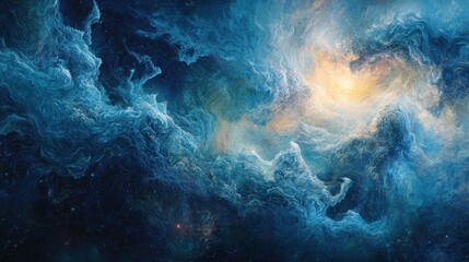 Obraz premium A swirling nebula of blue and yellow hues with a bright center and scattered stars.