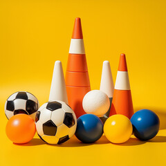 Naklejka premium A collection of sports balls and cones on a yellow background. The balls are of different colors and sizes, and the cones are of varying heights. Concept of playfulness and fun