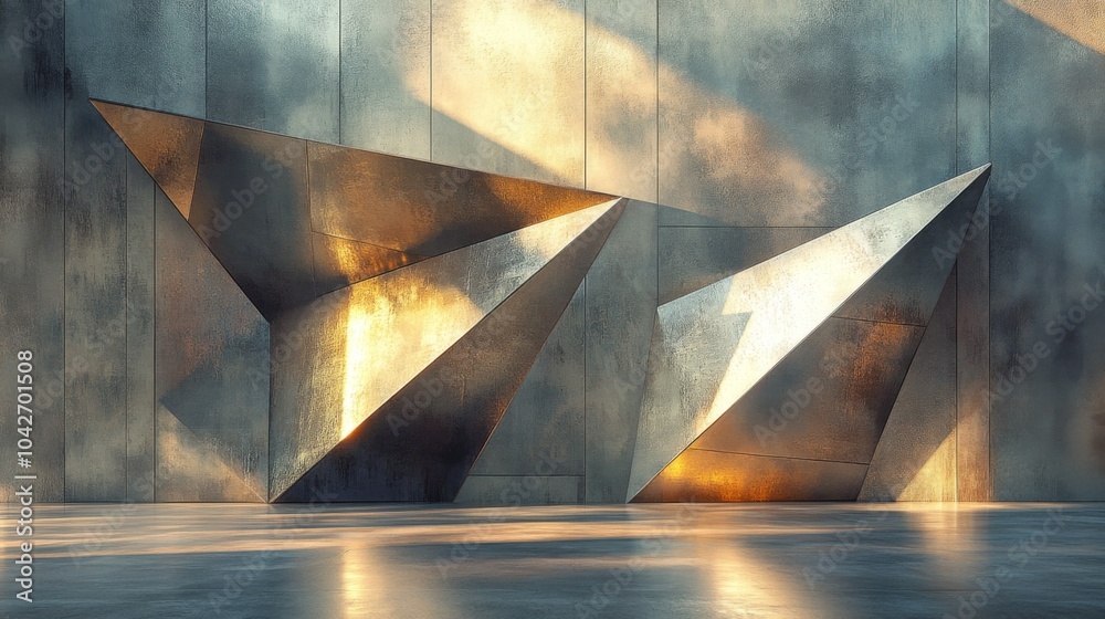Poster Two large triangular structures create an intriguing visual effect as they reflect sunlight in a contemporary architectural environment during sunset.