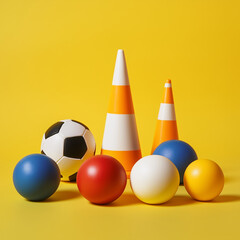 Naklejka premium A group of sports balls and cones are arranged on a yellow background. The balls are of different colors and sizes, and the cones are orange and white. Concept of playfulness and fun
