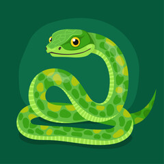 Cute green snake on a dark green background. New Year of the Snake, Lunar New Year or Chinese New Year. Animal zodiac cartoon character, mascot, symbol of the year. Illustration for greeting card.