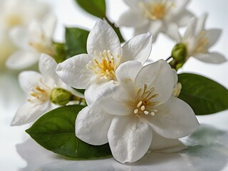 Fototapeta premium close up photo of beautiful jasmine flowers with white wall background