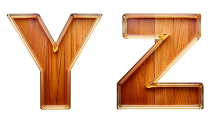 Y-Z Wooden texture alphabet made of transparent glass letters Y Z isolated on white background elegant typography