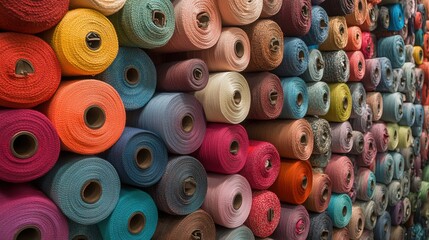 A wall of colorful fabric rolls in a textile factory