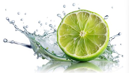 High angle view of juice splashing from cut lime on white background
