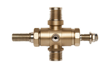 Brass valve component with four connections, isolated on a white background.
