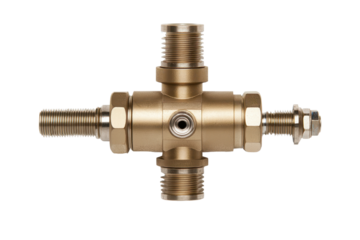 Brass valve component with four connections, isolated on a white background.