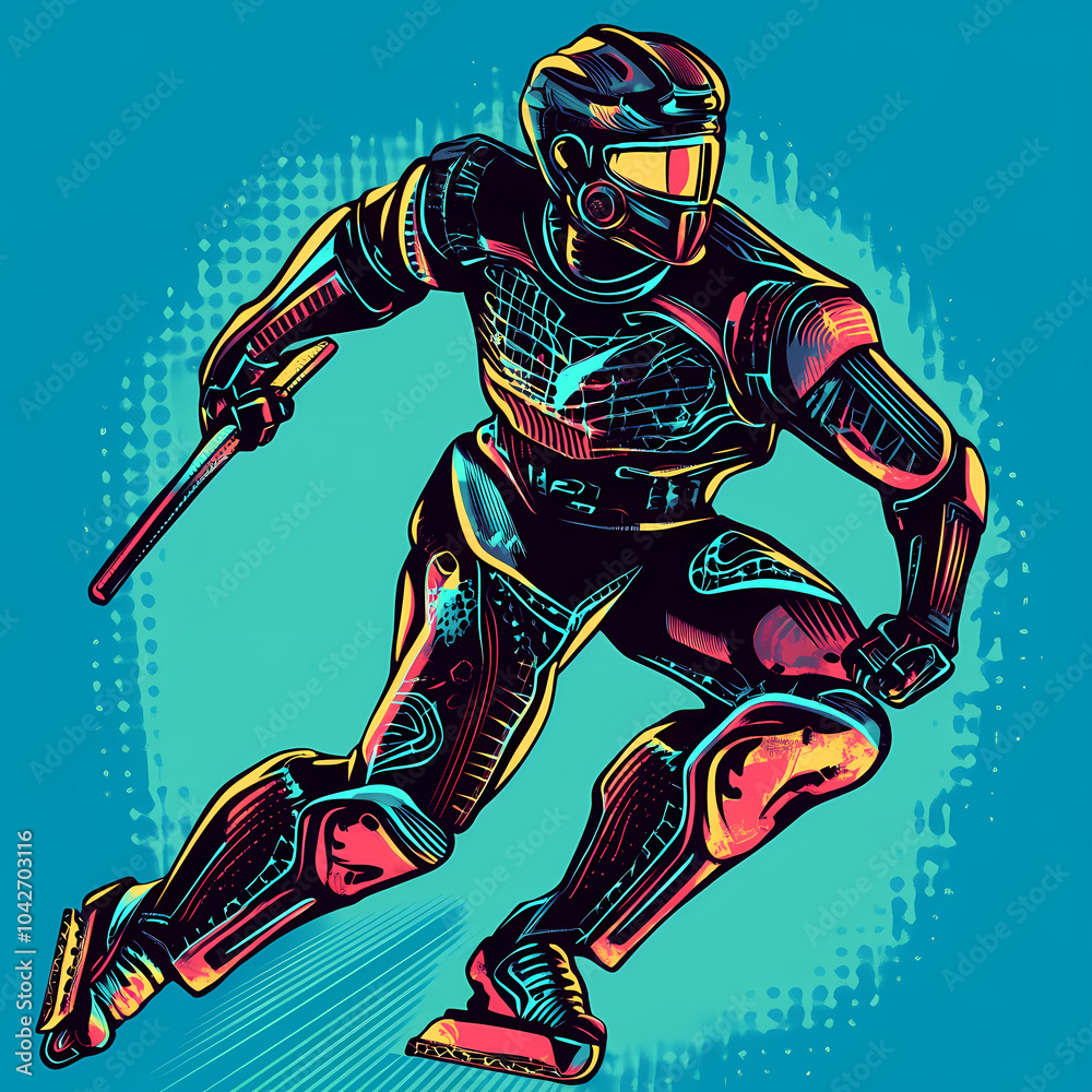 Wall mural a hockey player displaying futuristic technology in a dynamic action, blending sports and advanced c