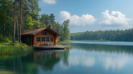 Obraz premium Serene lakeside cabin surrounded by lush greenery and calm waters.