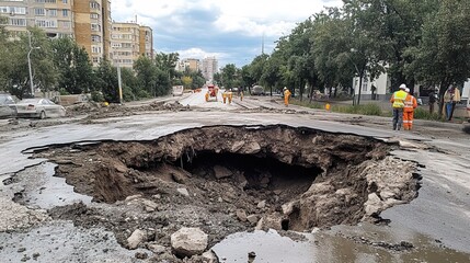 Cracked road and big hole in ground in city due to earthquake