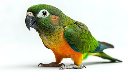 Obraz premium Vibrant blue and yellow parrot close-up on white background.