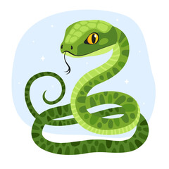 Fototapeta premium Cute little green snake. Animal zodiac cartoon character, mascot, symbol of the year. New Year of the Snake, Lunar New Year or Chinese New Year. Illustration for greeting card, print.
