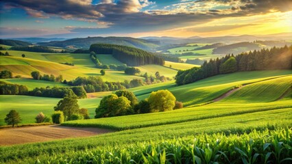 Fototapeta premium Green cornfields bask in the sunlight amidst meadows and lush forests of a hilly countryside, green, cornfields, meadows, lush