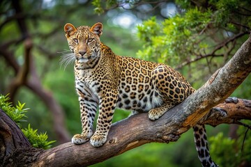 High angle view of leopard resting on tree branch in lush forest