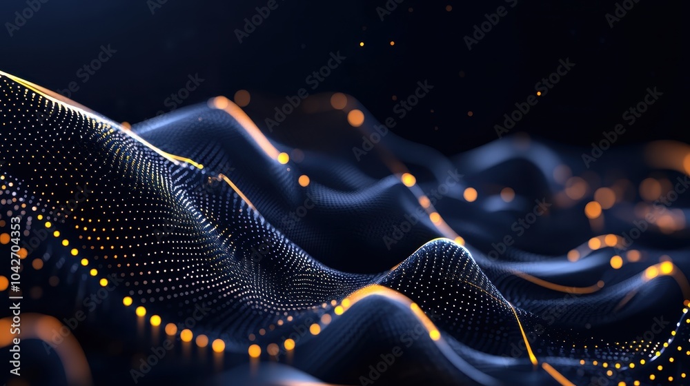 Poster dynamic flow of golden dot particles in a wavy line pattern against a dark background