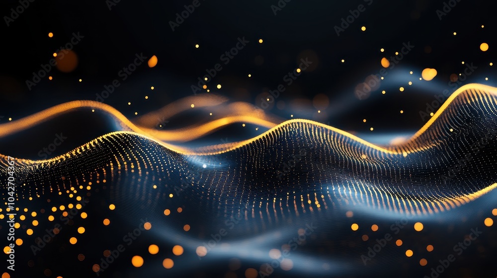 Poster elegant flowing wave of golden dot particles creating a dynamic optical illusion in gradation patter
