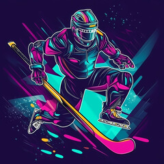 A hockey player displaying futuristic technology in a dynamic action, blending sports and advanced cybernetic elements pop art sticker vector.