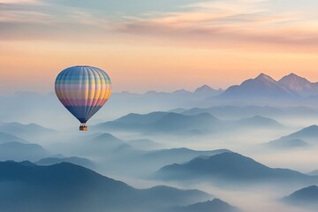 A colorful hot air balloon floating above misty mountains during sunrise, creating a serene and picturesque landscape.