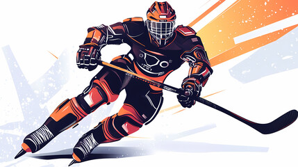 A hockey player displaying futuristic technology in a dynamic action, blending sports and advanced cybernetic elements pop art sticker vector.