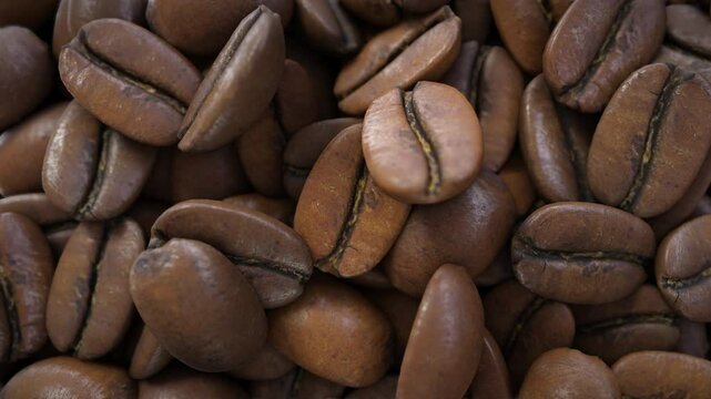 Extra Close up detail of roast coffee beans falling down. Slow motion 3D animation 4K. Food and drinks idea concept.