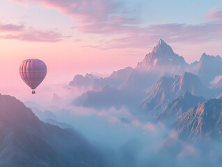 Fototapeta premium A serene view of a colorful hot air balloon floating above majestic mountains at sunrise, surrounded by soft clouds and a pastel sky.