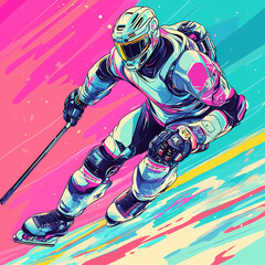 Obraz premium A hockey player displaying futuristic technology in a dynamic action, blending sports and advanced cybernetic elements pop art sticker vector.