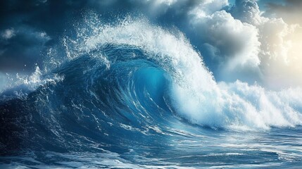 A wave in the ocean with a blue and white background