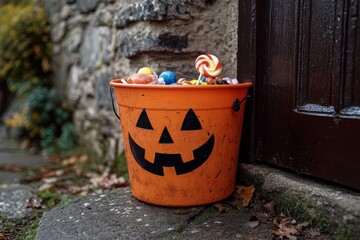 Naklejka premium Orange Halloween bucket filled with candy, featuring jack-o'-lantern faces, placed beside an old stone wall near a garden gate.