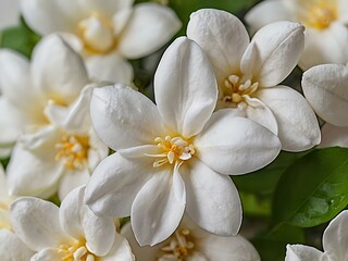 Fototapeta premium close up photo of beautiful jasmine flowers with white wall background