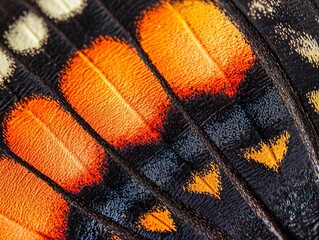 Close-up view of vibrant butterfly wing patterns showcasing orange, black, and white details against a plain background.
