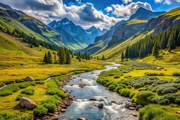 Obraz premium High angle view of peaceful mountain valley with flowing stream and lone tree