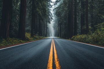 Fototapeta premium A serene forest road surrounded by towering trees, with a tranquil atmosphere and mist enveloping the landscape, inviting adventure and exploration.