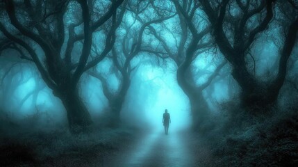Obraz premium Solitary Figure Walking in a Misty Forest