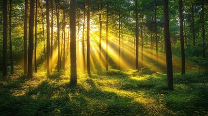 Fototapeta premium Sunlight filters through trees in a serene forest, creating a magical atmosphere of warmth and tranquility, perfect for nature lovers.